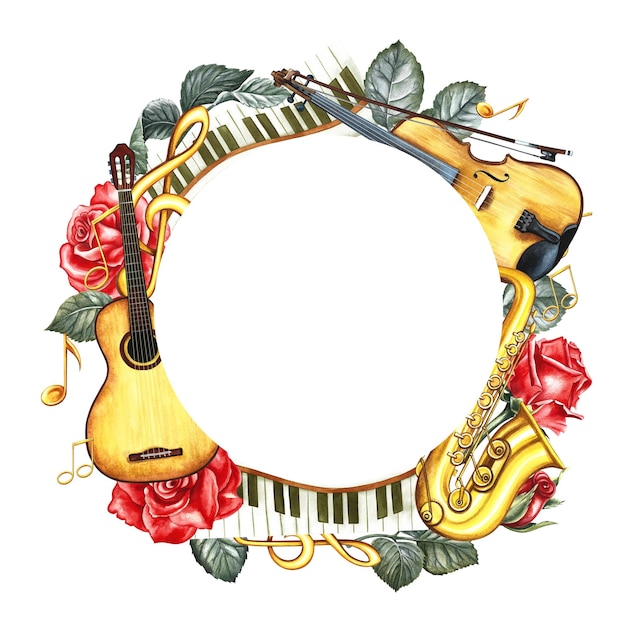 Photo un cadre musical rond avec une image d'un violon à saxophone à guitare illustration à l'aquarelle faite à la main