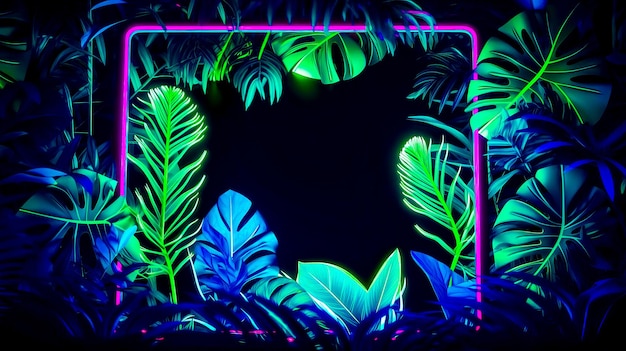 Photo un cadre en néon entouré de feuilles tropicales ia générative