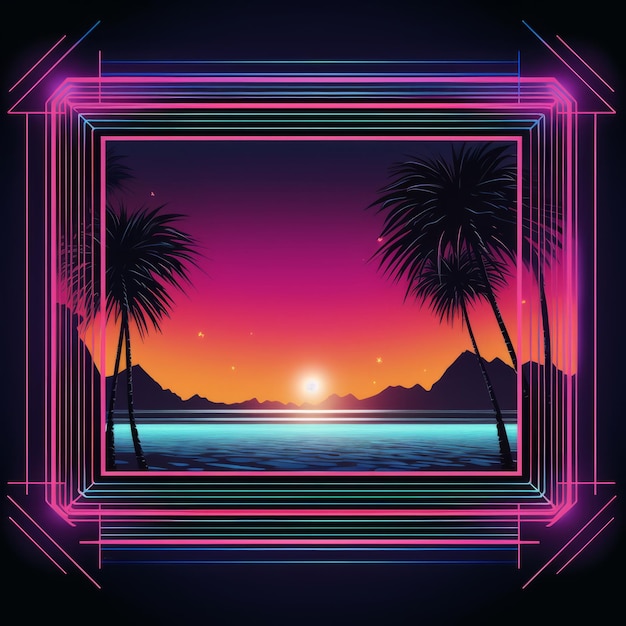 cadre néon rétro avec palmiers et coucher de soleil sur la plage