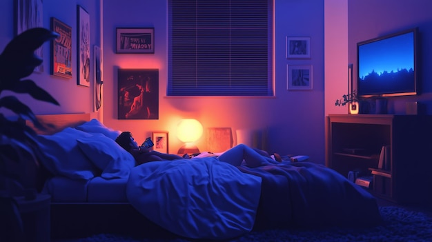 Un cadre nocturne confortable avec un éclairage doux et un couple se détendant dans le lit en profitant d'un film ensemble au milieu de teintes chaleureuses et accueillantes