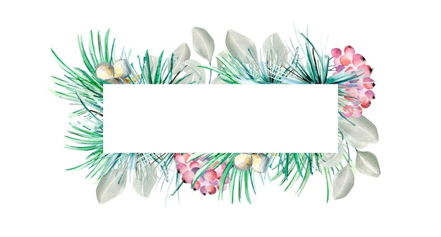 Photo cadre de noël d'aiguilles de branches de conifères illustration aquarelle isolé sur blanc