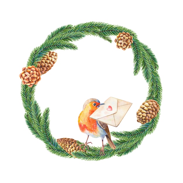 Cadre de Noël aquarelle avec oiseau Robin, houx, feuilles, baies, pin, épinette verte