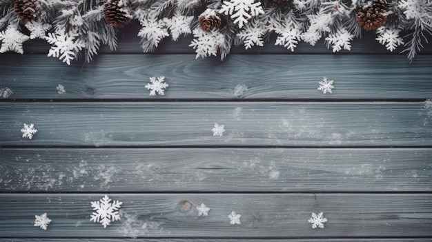 Cadre de Noël de branches de pin cônes de sapin sur fond en bois AI plat vue de dessus espace de copie