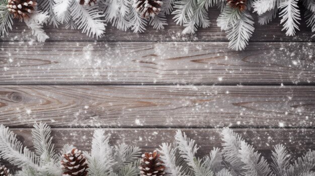 Cadre de Noël de branches de pin cônes de sapin sur fond en bois AI plat vue de dessus espace de copie