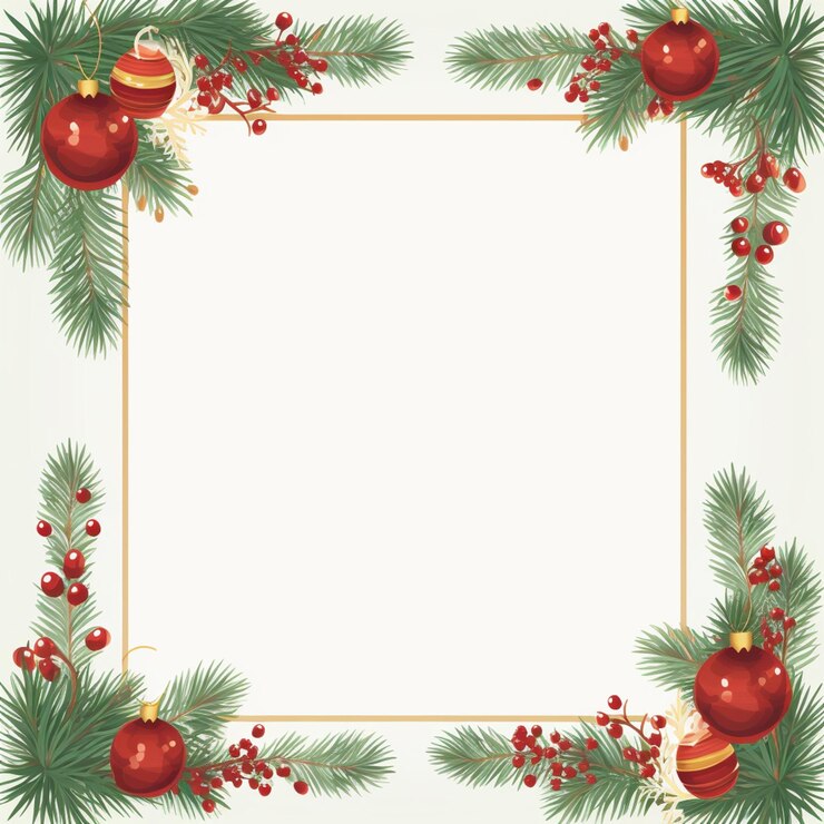 Photo cadre de noël avec branches de sapin et boules rouges ai générative