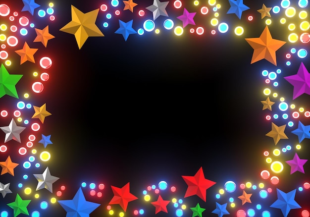 Cadre de noël carte de voeux de noël étoiles colorées et lumières sur fond noir