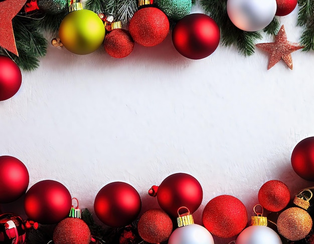 Cadre de Noël décoratif avec ornements Pommes de pin Branches de sapin et baies recouvertes de flocons de neige Décorations de vacances