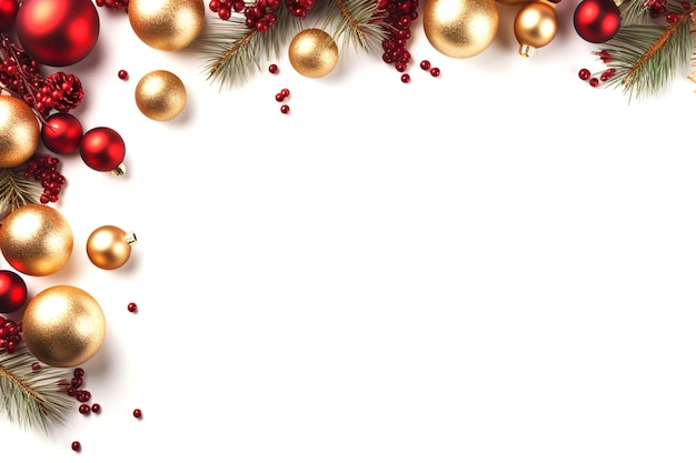 Cadre de Noël de décorations de Noël dorées et rouges sur fond blanc généré par l'IA