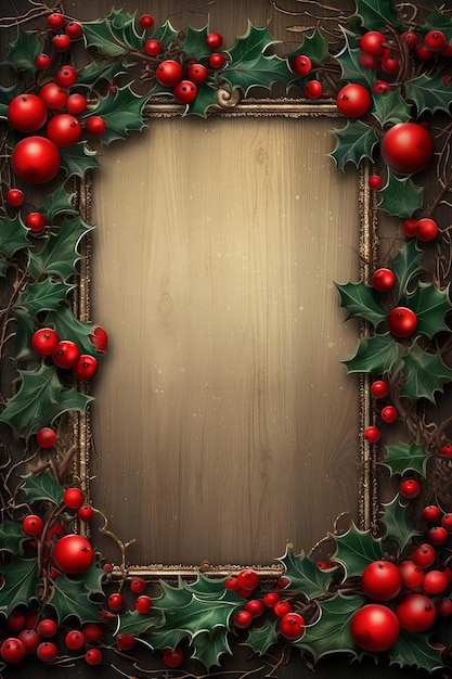 cadre de Noël vintage avec des ornements rouges et du houx