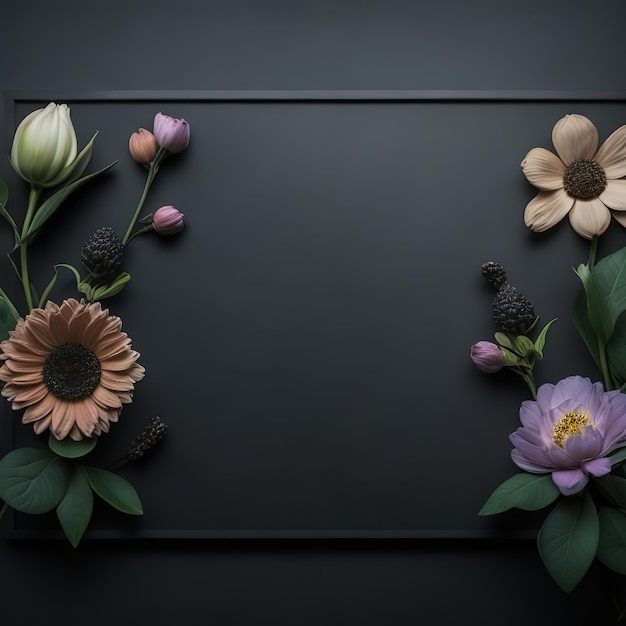 Un cadre noir avec des fleurs dessus et une feuille à droite.