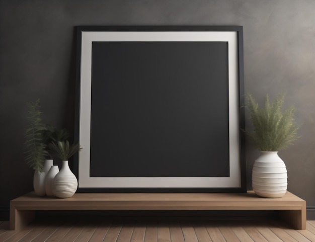 Un cadre noir avec un vase blanc et des plantes sur une table en bois.