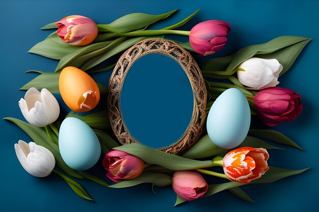 Un cadre d'oeufs de pâques colorés et de tulipes sur fond bleu.