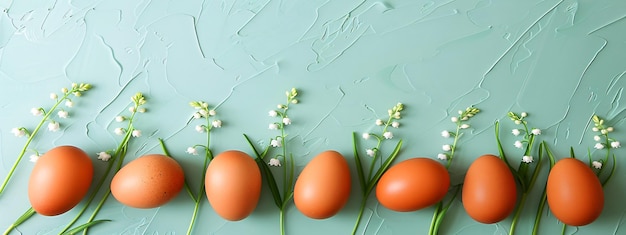 Cadre avec des œufs de Pâques et des fleurs de lys de la vallée sur un fond bleu pastel Bonne Pâques