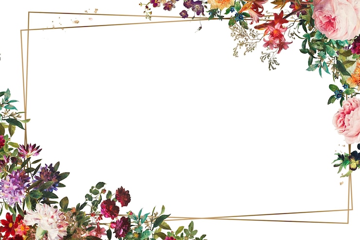 Photo cadre en or sur fond de bouquets de fleurs