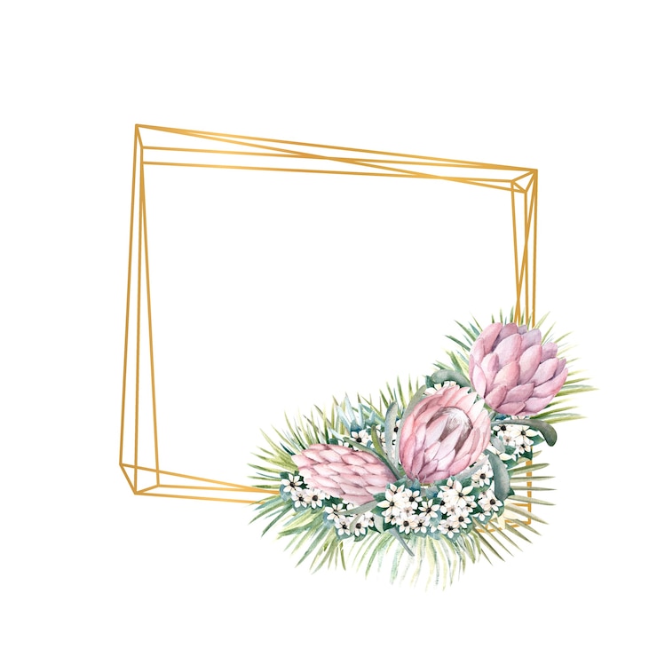 Photo cadre or géométrique avec fleurs protea