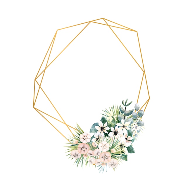 Cadre en or géométrique avec de petites fleurs d'actinidies, de bouvardia, de feuilles tropicales et de palmiers