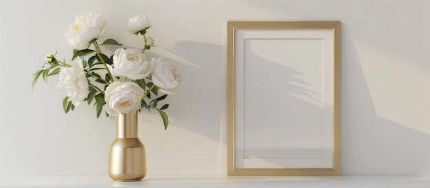 Un cadre en or avec un mur blanc avec un vase en or et des pionnées.