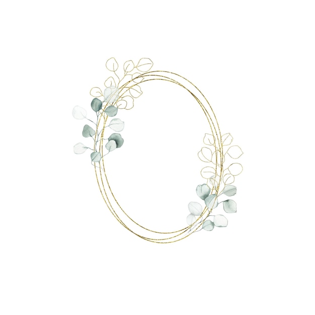 Cadre ovale géométrique aquarelle or avec feuille verte poussiéreuse d'eucalyptus