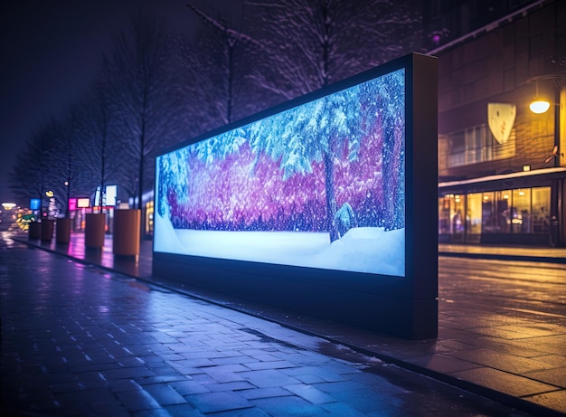 Cadre de panneau d'affichage lumineux situé dans le paysage urbain nocturne d'hiver créativité et promotion de toile ouverte