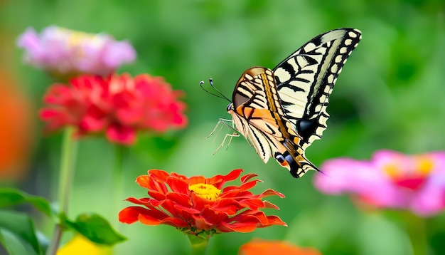 Cadre papillon sur jardin fleuri