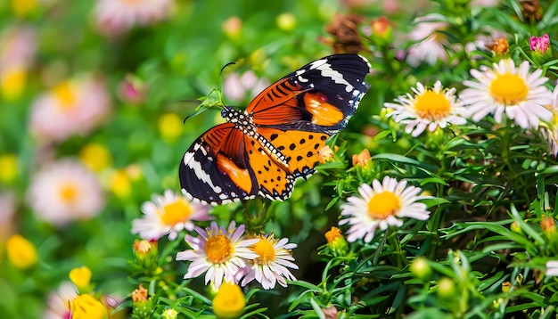 Cadre papillon sur jardin fleuri