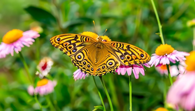 Cadre papillon sur jardin fleuri