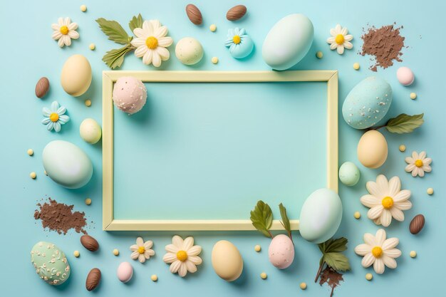 Cadre de Pâques avec des fleurs et un cadre sur fond bleu