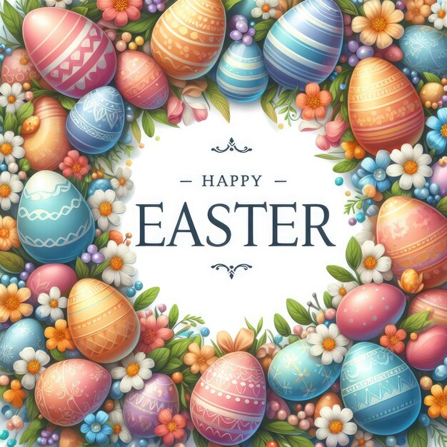 cadre de Pâques avec des œufs colorés et des fleurs