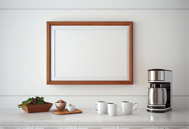 un cadre photo accroché au mur au-dessus d'un comptoir de cuisine.