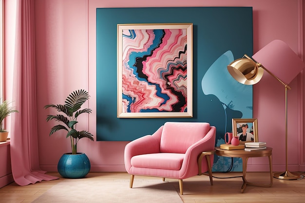 Cadre photo avec art abstrait près d'un fauteuil en velours rose