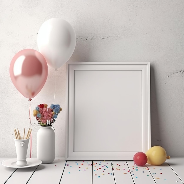 un cadre photo avec des ballons et une photo d'une carte de fête dessus.