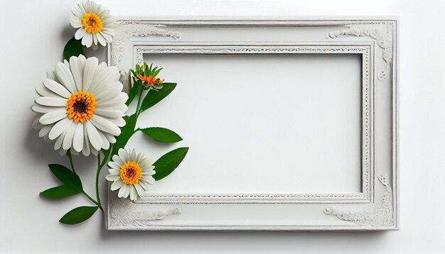 Cadre photo blanc blanc avec décoration florale rustique sur fond blanc isolé Generative AI