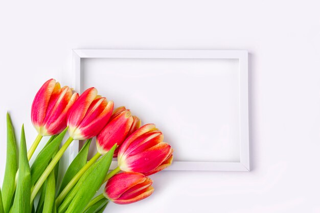 Cadre photo blanc décoré de fleurs de tulipes rouges.