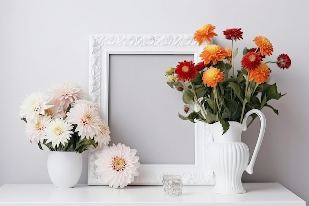 Photo cadre photo blanc entouré de fleurs thème blanc ia générative