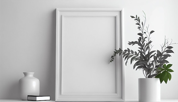Un cadre photo blanc est posé sur une étagère à côté d'une plante en pot.