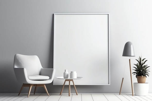 Un cadre photo blanc sur un mur avec une chaise blanche et une table avec une lampe.