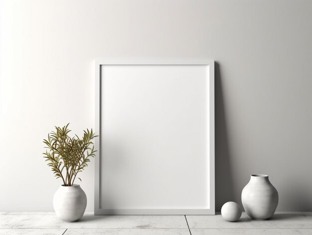 Un cadre photo blanc avec une plante dedans et deux vases sur le sol.