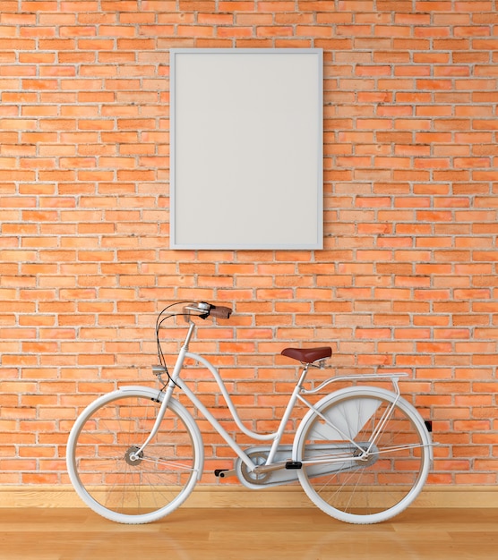 Cadre photo blanc pour maquette sur mur et vélo blanc, rendu 3D