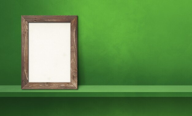 Cadre photo en bois s'appuyant sur une étagère verte Illustration 3d Modèle de maquette vierge Bannière horizontale