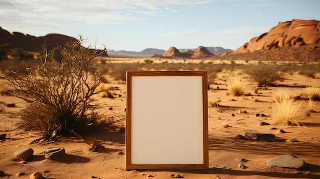 Cadre photo en bois vide dans le désert Modèle de cadre photo blanc