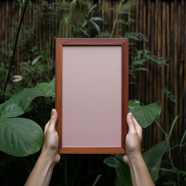 un cadre photo en bois vide à la main