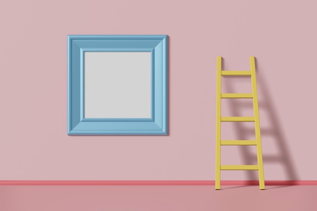 Cadre photo carré de couleur bleue accroché sur un mur rose près de l'escalier