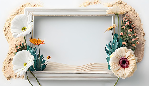 Cadre photo décoratif de fleurs et de sable sur fond blanc ai génératif