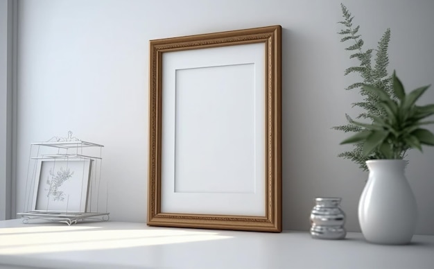 Un cadre photo est posé sur une étagère à côté d'une plante.