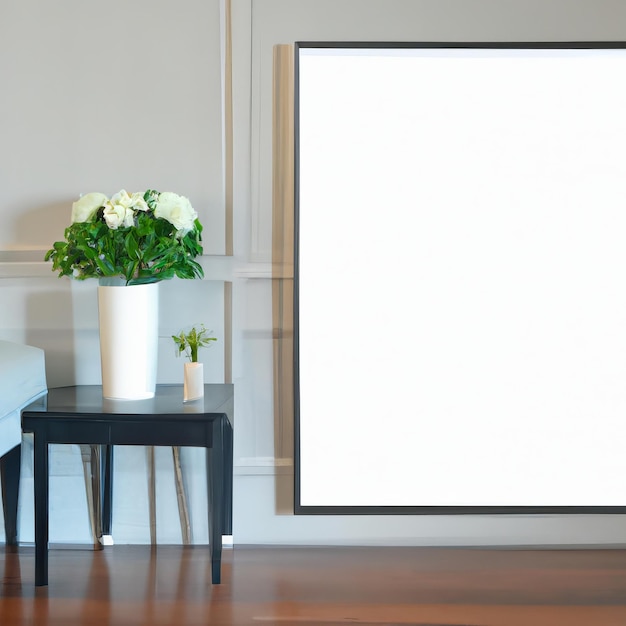 Un cadre photo avec une fleur blanche et un vase blanc avec une plante verte.