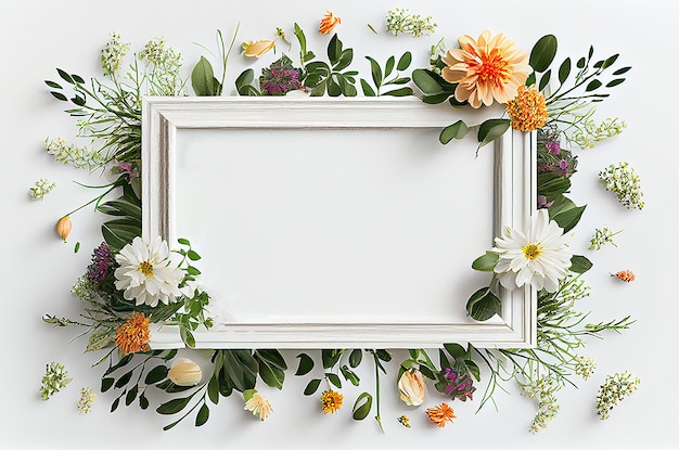 Cadre photo fleuri floral sur fond blanc générative ai