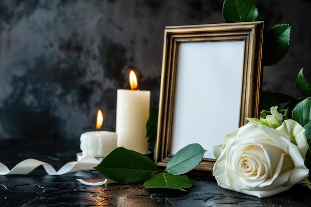 Cadre photo funéraire avec ruban rose blanche et bougies sur une table sombre sur un fond noir Espace pour la conception