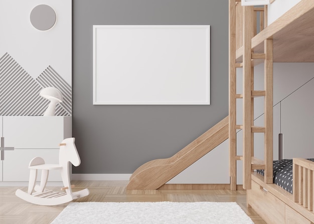 Cadre photo horizontal vide sur un mur gris dans une chambre d'enfant moderne Maquette d'intérieur dans un style scandinave contemporain Espace de copie gratuit pour l'image Jouets de lit Chambre confortable pour les enfants rendu 3D