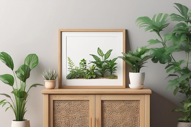 Cadre photo de maquette sur l'armoire en bois avec de beaux plants3d rendu