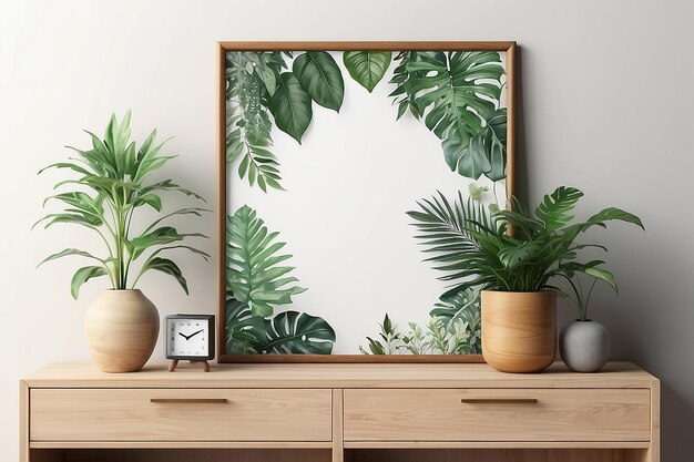 Cadre photo de maquette sur l'armoire en bois avec de beaux plants3d rendu